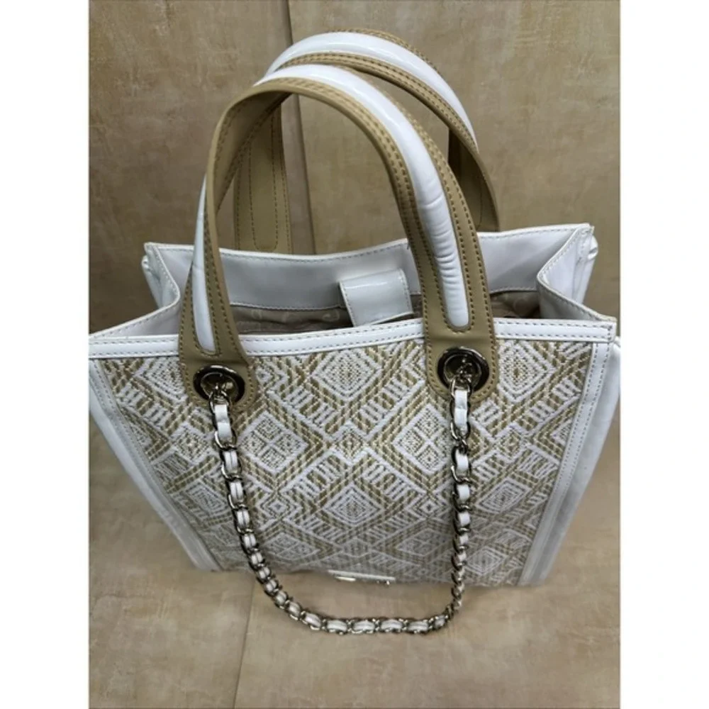 BEBE Canvas Logo Double Handle Satchel Crossbody Tote Bag Braided‎ Handles-rare